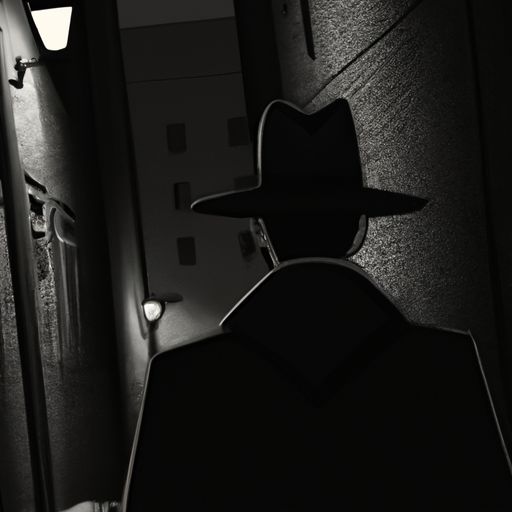 תמונה בשחור-לבן של דמות צללית לובשת מעיל טרנץ' ופדורה, עומדת בסמטה בלילה.