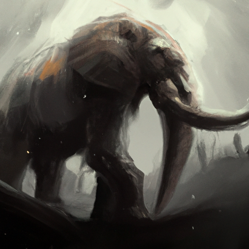 ציור של פיל גדול על רקע כהה, מוקף בערפל מסתורי.
