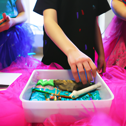 תמונה של אמן חושים המדגים 'מסע חושי' במסיבת יום הולדת, עם ילדים העוסקים בפעילויות חושיות שונות